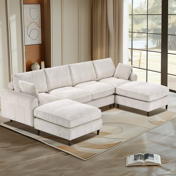 Modern corduroy section sofa, U-shaped convertible L-shaped sofa set with pillow, oversized sectional sofa with footstool, suitable for living room, attic, apartment - white 6 seat