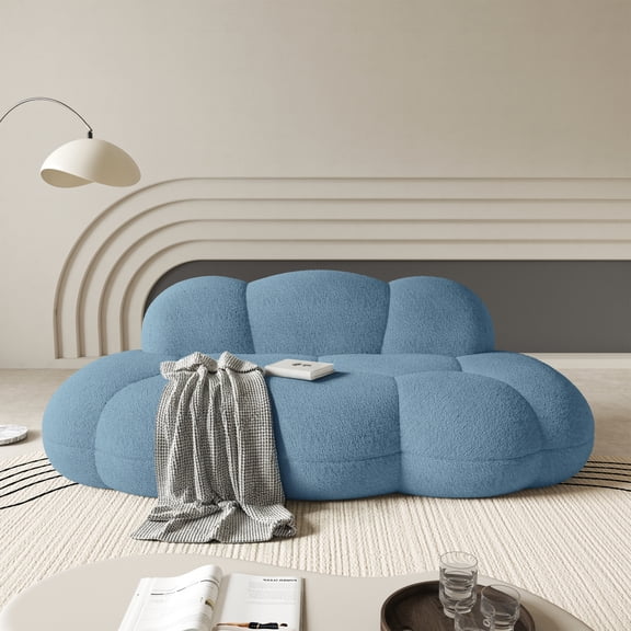 90" Modern Curved Cloud Shaped Couch for Living Room, Boucle LoveSeat 3 Seater Sofa, Upholstered Cloud Couch for Bedroom, Apartment, Small Space (Blue, No Assembly Required)