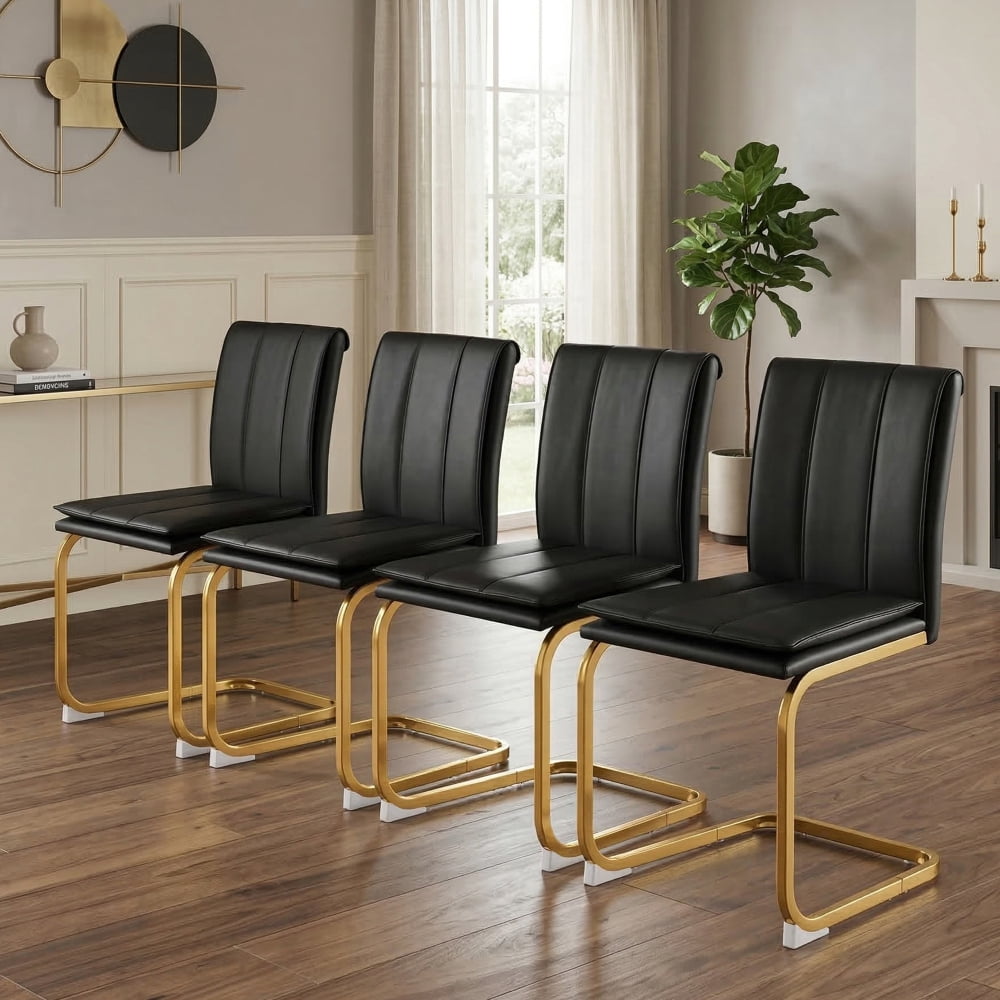 Modern dining chairs set of 4, PU leather black kitchen chairs, restaurant chairs, suitable for kitchens, living rooms, bedrooms, and offices, and metal legs, Golden
