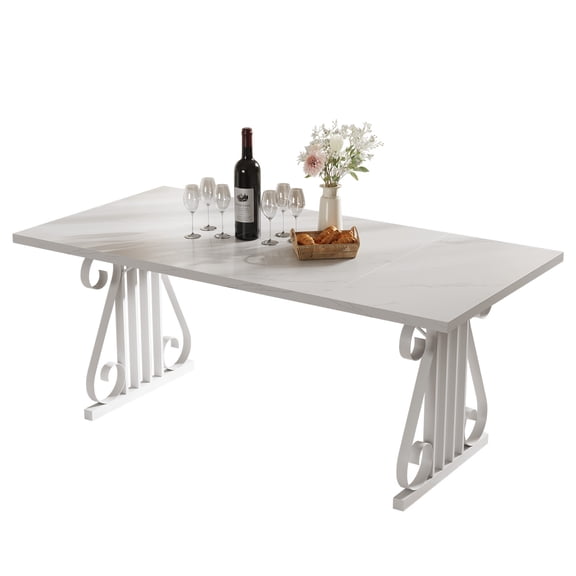 Modern dining table for 6-8 People 70.9 Long Wood rectangle dining table with Imitation Marble Top, metal frame and Adjustable Feet, Perfect kitchen and dining Furniture forLiving Room mesa comedor