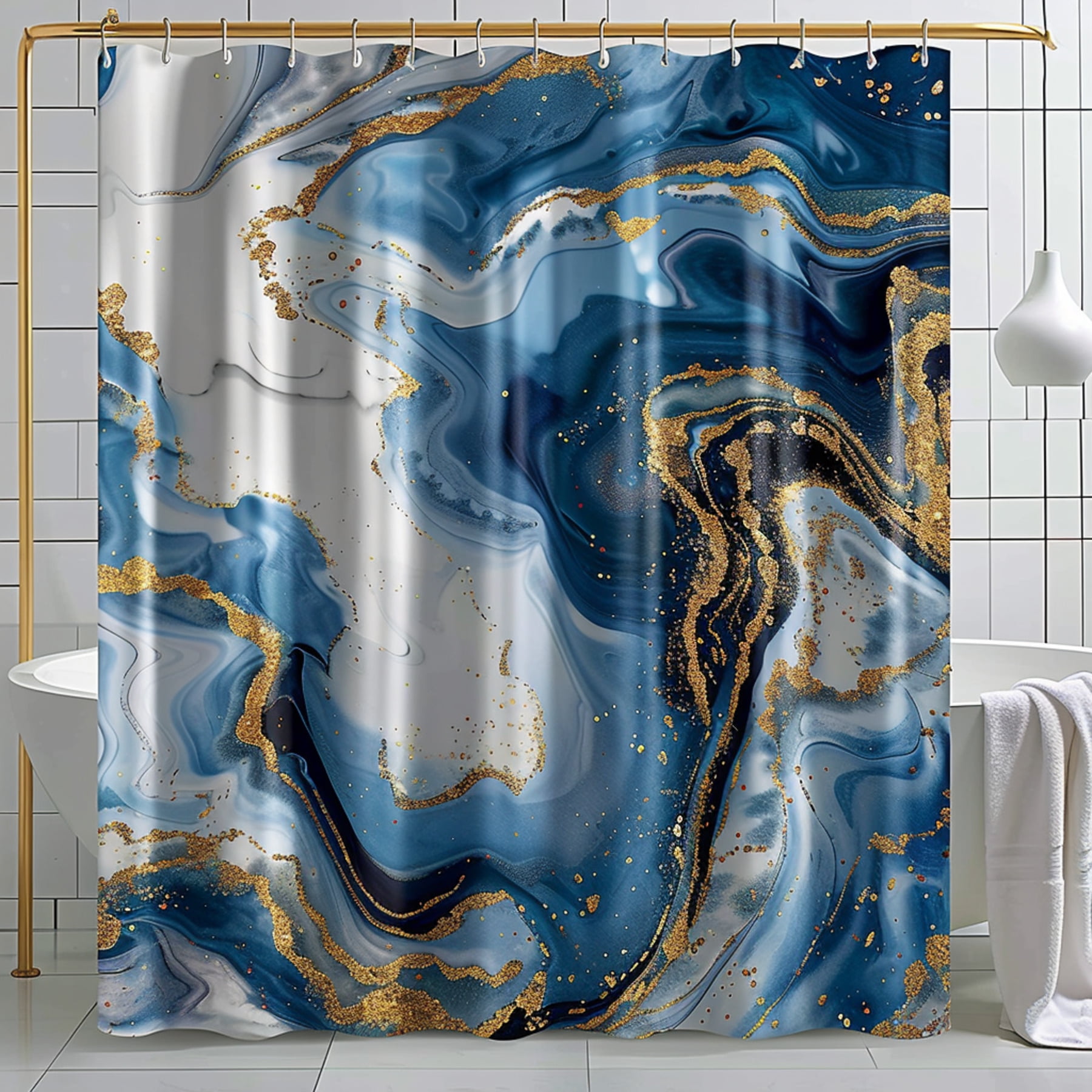 Modern and elegant shower curtain featuring blue and gold marble