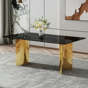 Modern  elegant  and sleek dining table with minimalist design. Luxurious golden metal legs support a striking black patterned glass tabletop. Perfect for restaurants and living rooms ali
