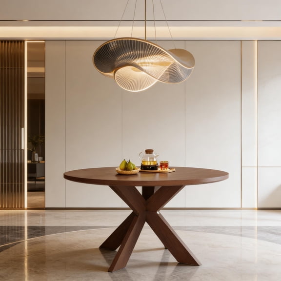 Modern farmhouse round dining table with warm wood finish, suitable for kitchen or dining room, featuring a classic design with modern charm