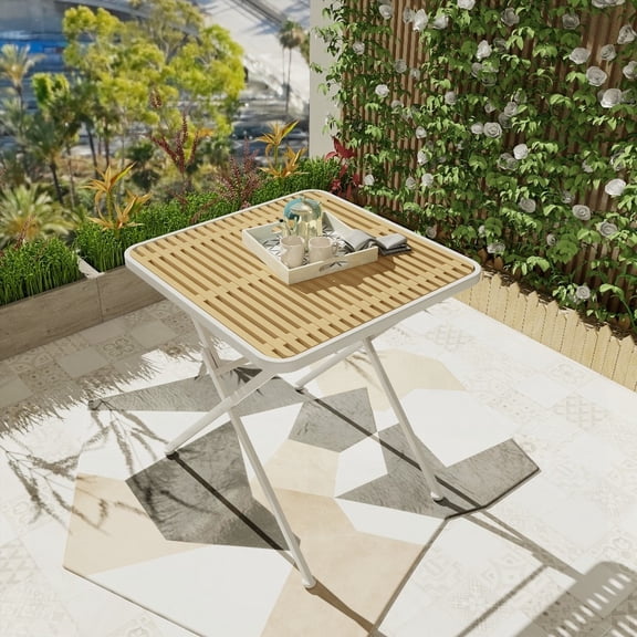 Modern folding square table - polypropylene & metal combo for indoor & outdoor - stain-resistant & UV-stabilized (White, khaki)