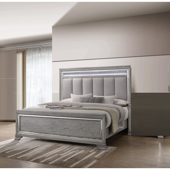 Modern & glam style king size bed with LED - lit upholstered headboard and mirrored accents