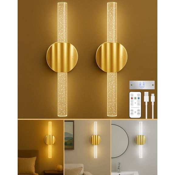 Modern gold crystal LED wall light - USB-C rechargeable 24-72H battery life, 3 color modes and stepless dimming, touch and memory function, dual magnetic diamond free installation, suitable for bathr