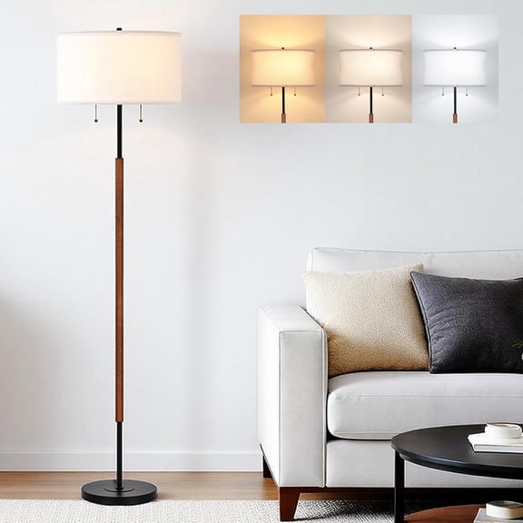 Modern living room floor lamp, 2-light wooden floor lamp with double switch, high reading floor lamp suitable for bedroom, office, restaurant, farm, 3 color temperatures 9 bulbs*2 included