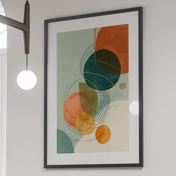 Modern living room wall decor Abstract circles poster in orange and green Retro style geom