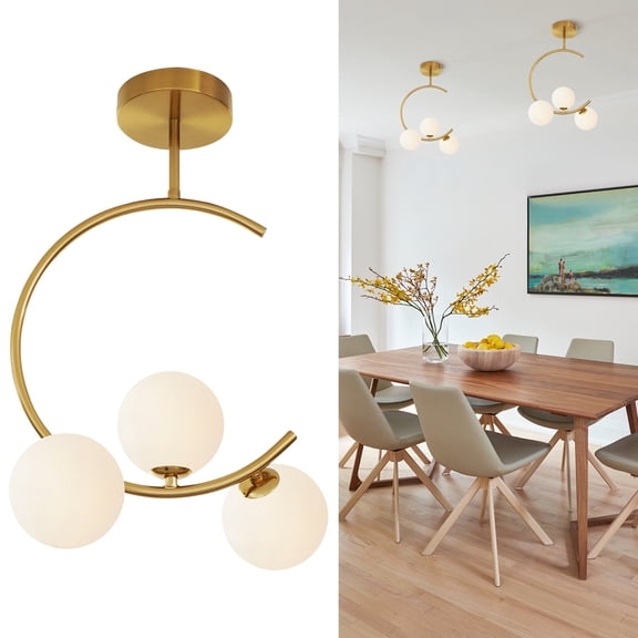 Modern medieval-style gold semi-recessed ceiling light, with three frosted spherical shades, suitable for hallways, bedrooms, dining rooms and living rooms