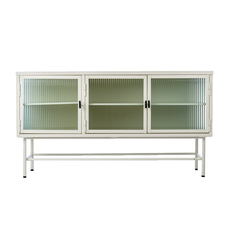 Modern metal and clear fluted glass TV Stand for TVs up to 55 Inches with thin tubular legs Wide Countertop Three Drawers Enclosed Dust free Storage Entertainment Center Ample Storage Space WHITE Walm...