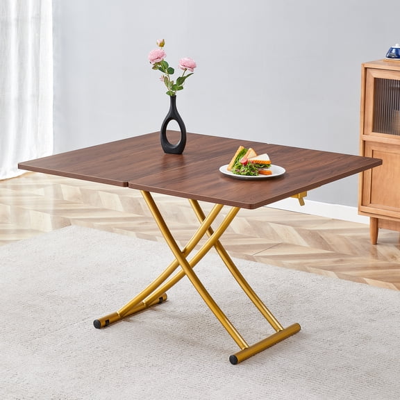 Modern minimalist multifunctional lift table with 0.8 inch thick MDF desktop and golden metal legs,can be used as a dressing table, coffee table, dining table, and office table.Walnut text