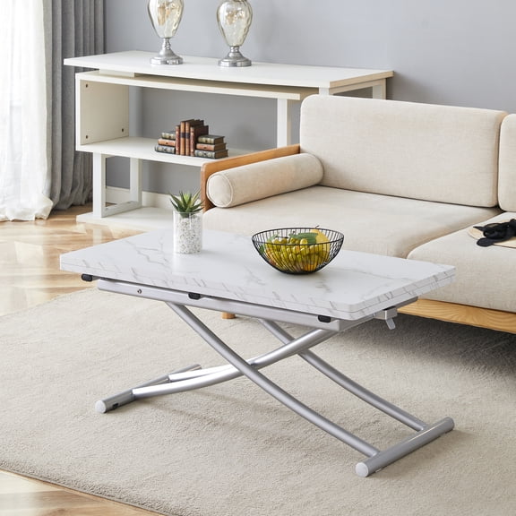 Modern minimalist multifunctional lift table with 0.8 inch thick MDF desktop and silver metal legs, can be used as a dressing table, coffee table, dining table, and office table.