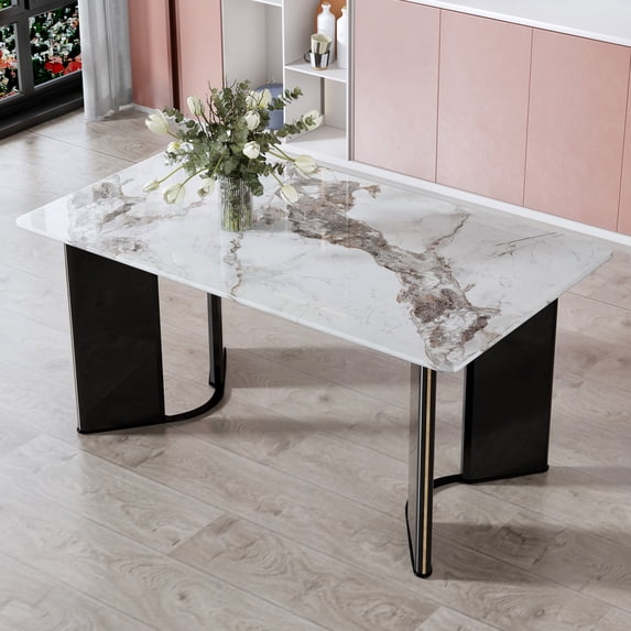 Modern minimalist rectangular dining table, white imitation marble tabletop, MDF table legs with gold metal decorative strips. Suitable for restaurant and living room.W1512S00065
