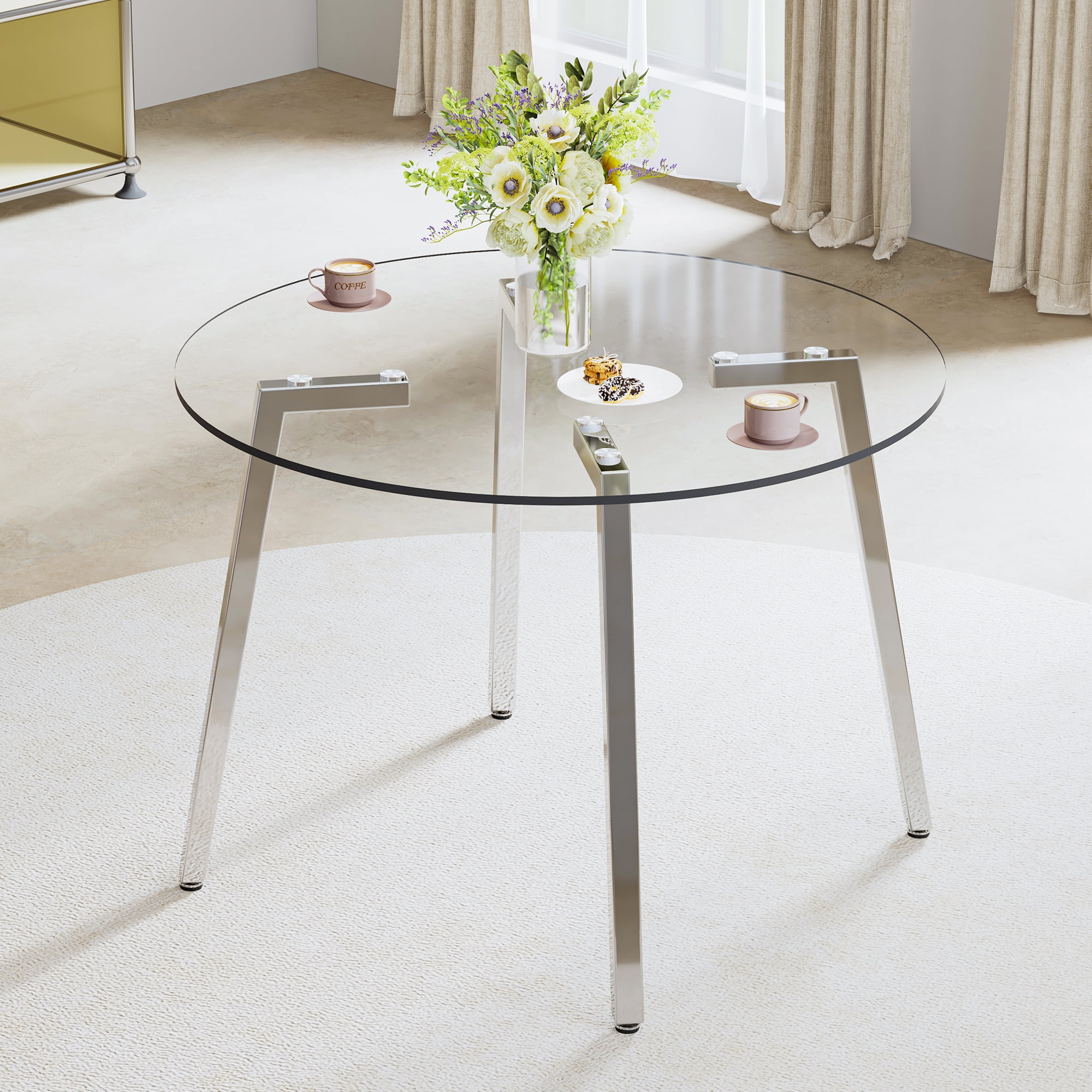 Modern minimalist style circular transparent tempered glass table, tempered glass tabletop ...