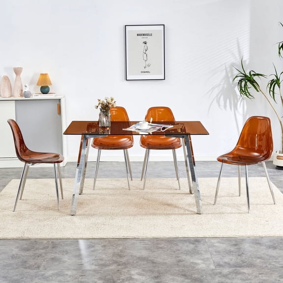 Modern minimalist style rectangular tea brown glass dining table, tempered glass tabletop and black metal legs, suitable for kitchen, dining room, and living room, 51 "* 31.5" * 29.5" 1123