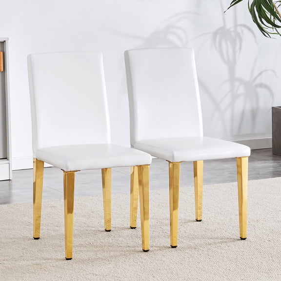 Set of 2 white PU leather backrest chairs with gold metal legs -A perfect match, suitable for minimalist and contemporary home decor styles,16.2*18.5*34.6 inches.