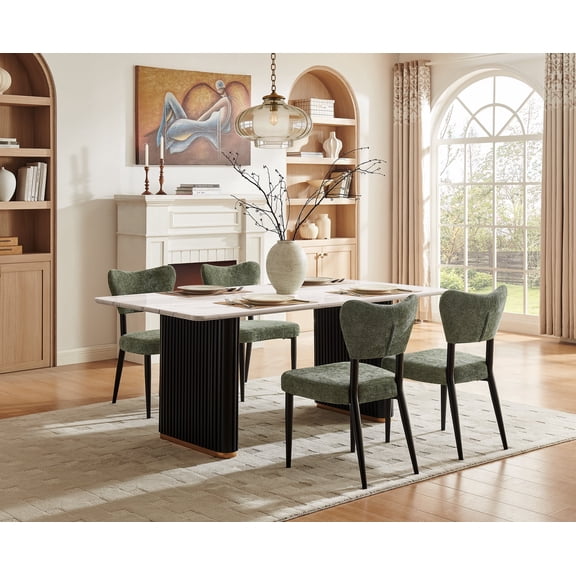 Modern Chenille Dining Chair Set for 4, Upholstered Dining Side Chairs with Curved Backrest, Easy Assembly Padded Seat Kitchen Chairs for Dining Room Kitchen Living Room, Green