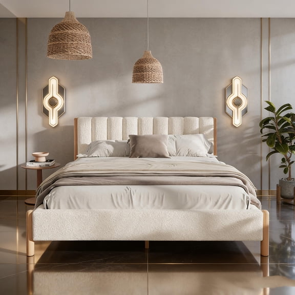 Modern queen-size tweed bed frame, thick velvet headboard, textured white fabric, minimalist platform design for the bedroom