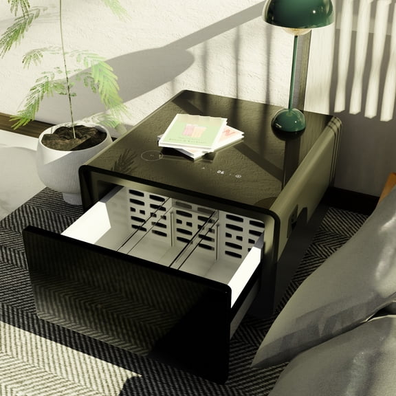 Modern rectangular smart side table with built - in fridge, power socket, and removable door seal, ensuring long - term use and easy maintenance in primary living rooms