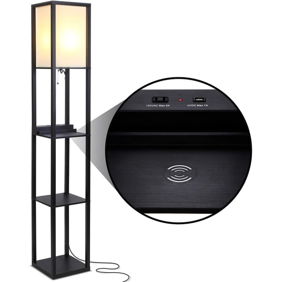 Modern shelf floor lamp with ports, wireless charging and outletsMultifunctional corner display and light, with shelves, suitable for living room, office, bedroom storage solutionsBlack