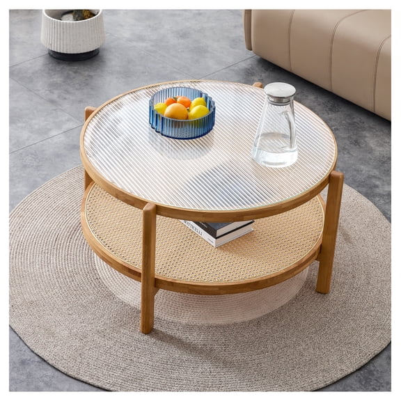 Modern simple circular double-layer solid wood tea table rattan woven Chinese side table small round table suitable for living room, dining room and bedroom
