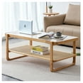 thumbnail image 1 of Modern simple rectangle double-layer solid wood Glass desktop tea table rattan woven Chinese side table small rectangle table suitable for living room, dining room and bedroom, 1 of 9