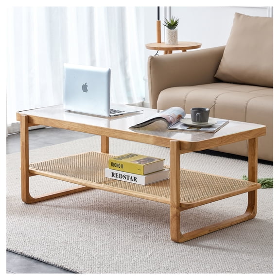 Modern simple rectangle double-layer solid wood Glass desktop tea table rattan woven Chinese side table small rectangle table suitable for living room, dining room and bedroom