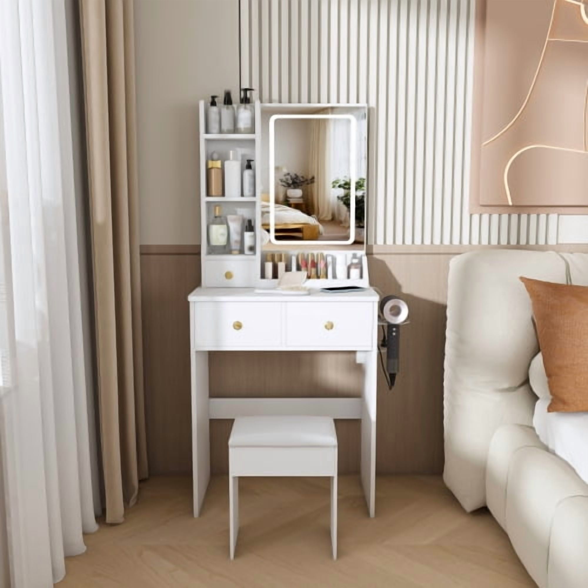 Modern small Vanity Desk ,featuring 3 modes of LED lighting with adjustable brightness, 3 drawers and multiple open storage shelves, a hair dryer holder and power socket, and a dressing chair. white