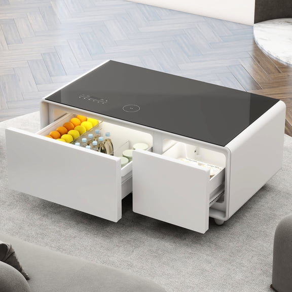 Modern smart coffee table with dual - zone fridge wireless charging and partitioned storage in living room ensures perfect temperature for snacks and easy device power - up