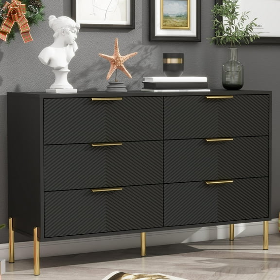 Modern 6 Drawer Dresser 47.2 Inch Wide Chest of Drawers with Elegant Diagonal Pattern for Bedroom Living Room or Hallway Black