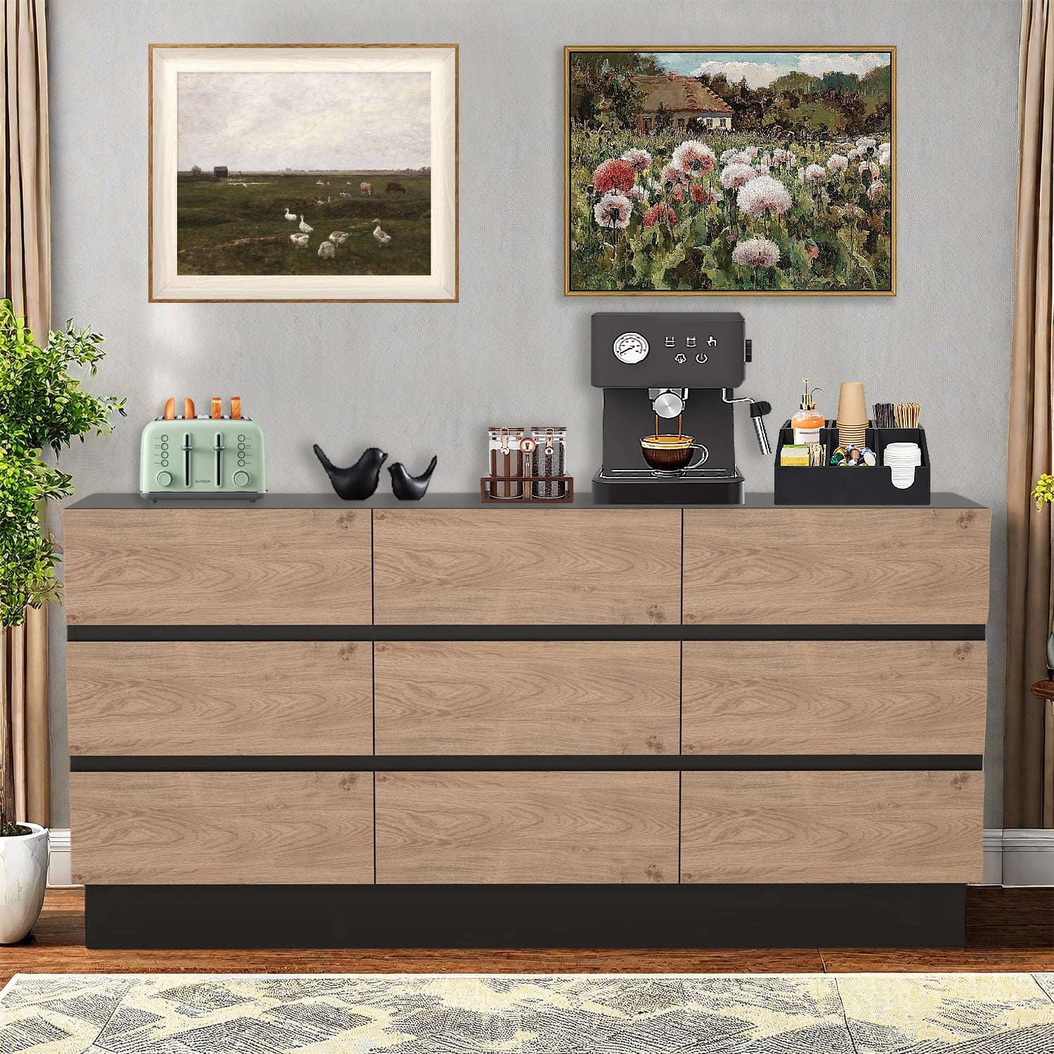Modern 9 Drawer Dresser 63 Inch Wide Legless Chest of Drawers for Bedroom Living Room or Hallway Oak and Black