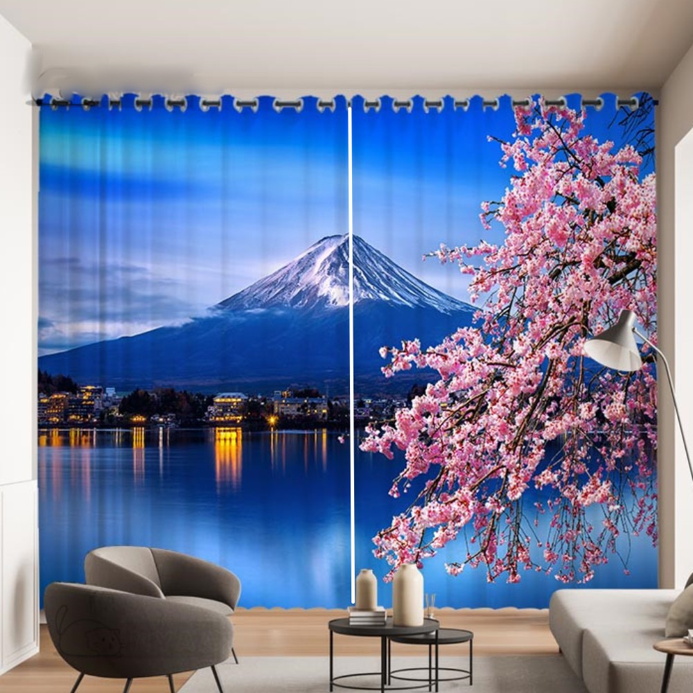 Modern style Pink Cherry Blossom Mount Fuji Print Curtain Japanese ...