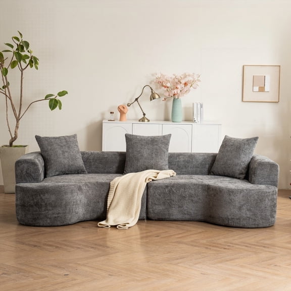 Modern style cotton and linen curved sofa with 3 pillows, 2208075cm for living room