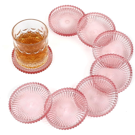 Modern transparent glass coaster set of 8 - coffee table coasters, crystal coasters round coasters, suitable for offices, kitchens, bars, restaurants, living rooms, terraces (transparent pink)