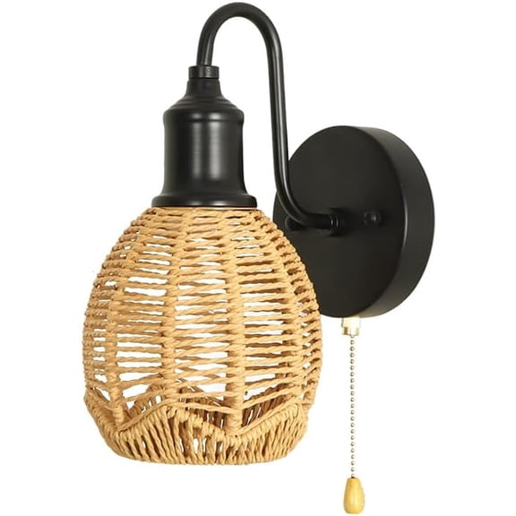 Modern wall sconce,Pull Chain Wall Light,Hardwired wall Sconce with Switch,Pull Chain Sconce,Pull Chain Wall Light Fixture,Pll Chain Light Fixture,Wall Sconce with Switch (BlackRattan shade)