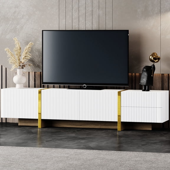Modern white TV stand with smooth fluted design and storage for up to 80-inch TVs in primary living space