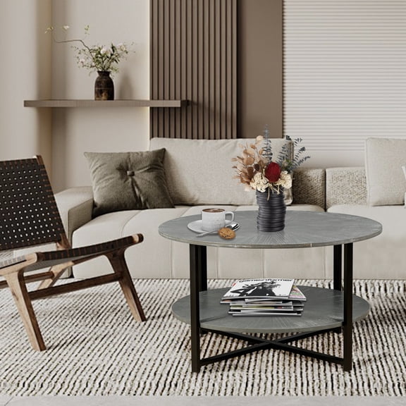 ModernCraft 31.5" Round Farmhouse Coffee Table | 2-Tier Storage & X-Brace Metal Legs | Antique Patchwork Design,Gray