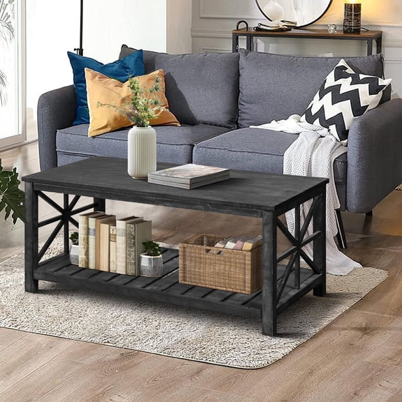 ModernCraft 47" Farmhouse Coffee Table with Storage Shelf | Rustic Rectangle Center Table for Small Spaces | Easy 10-Min Assembly,Antique Black