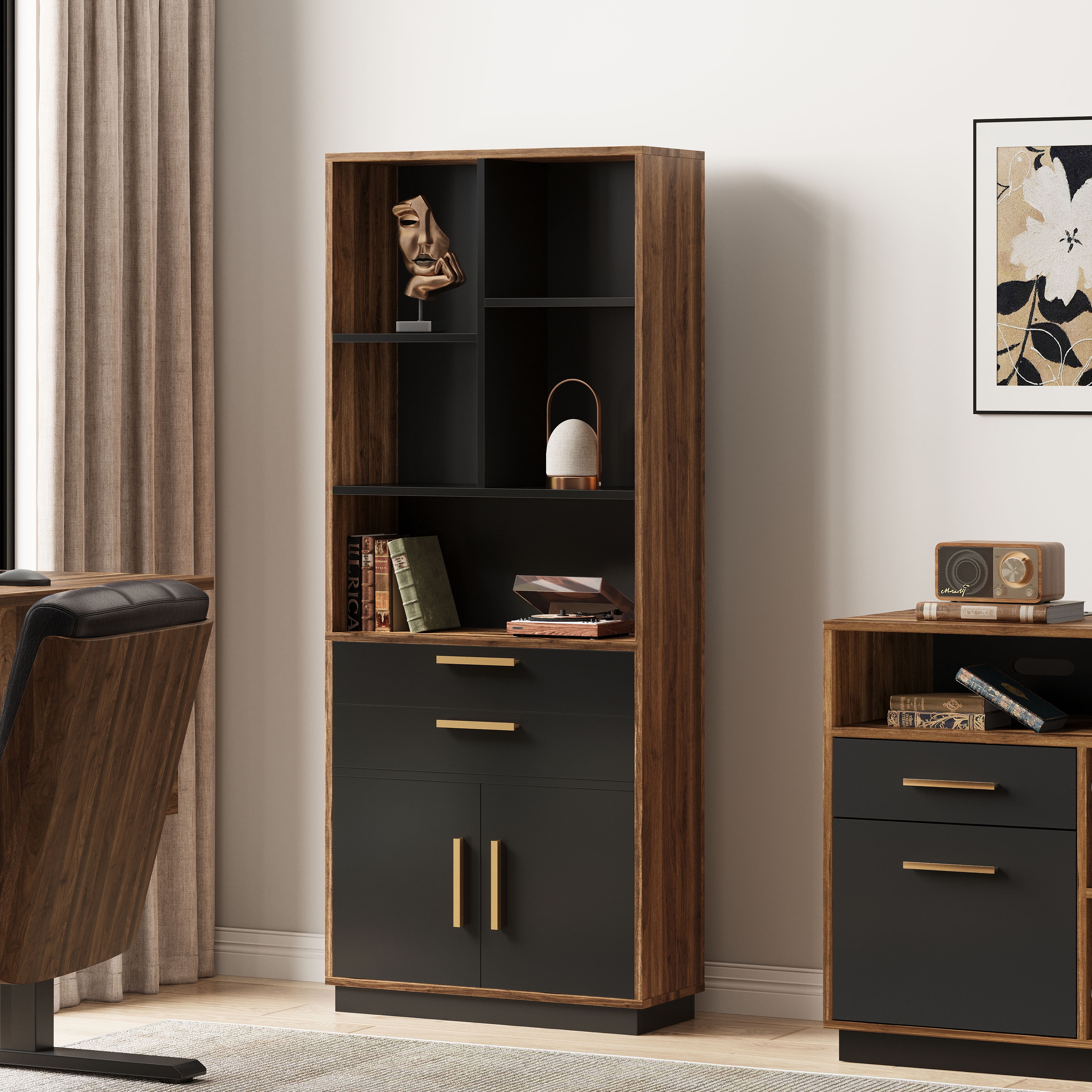 ModernMate 59" Tall Wooden Bookcase with 2 Drawers, Modern Bookshelf with Doors, 8 Open Storage Cubes, Storage Organizer Freestanding Rack for Living Room Home Office Study Room