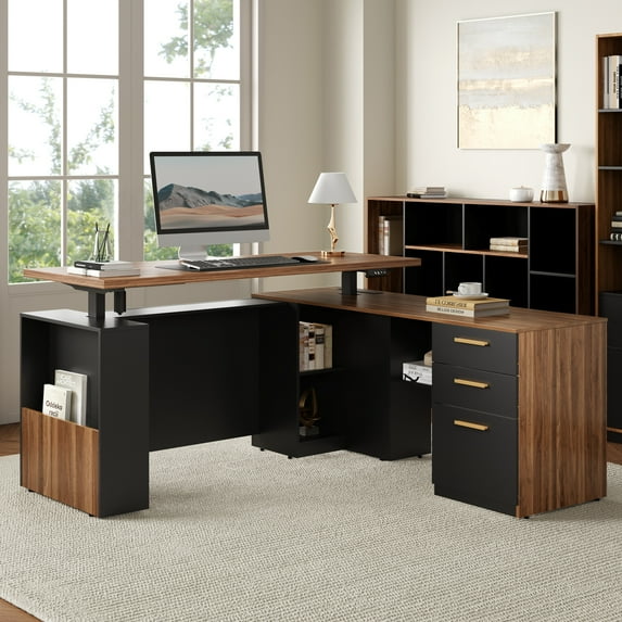 ModernMate 63" Height Adjustable Standing Desk with Privacy Panel, 2 Large One-Piece Desktops, L-Shaped Executive Workstation with 3-Drawer Filing Cabinet for Home Office