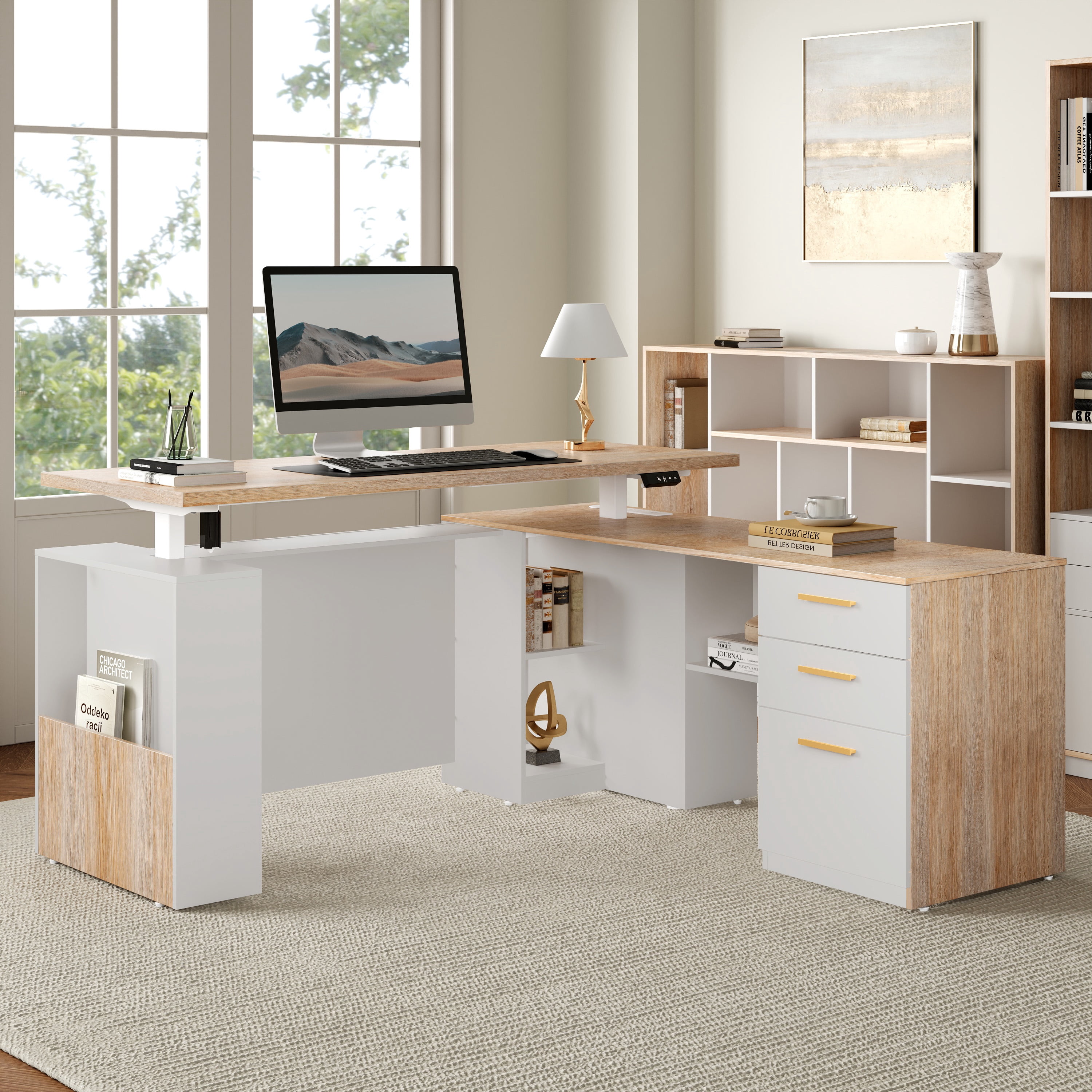 ModernMate 63" Height Adjustable Standing Desk with Privacy Panel, 2 Large One-Piece Desktops, L-Shaped Executive Workstation with 3-Drawer Filing Cabinet for Home Office