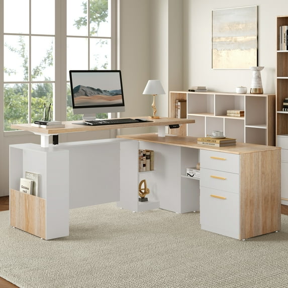 ModernMate 63" Height Adjustable Standing Desk with Privacy Panel, 2 Large One-Piece Desktops, L-Shaped Executive Workstation with 3-Drawer Filing Cabinet for Home Office