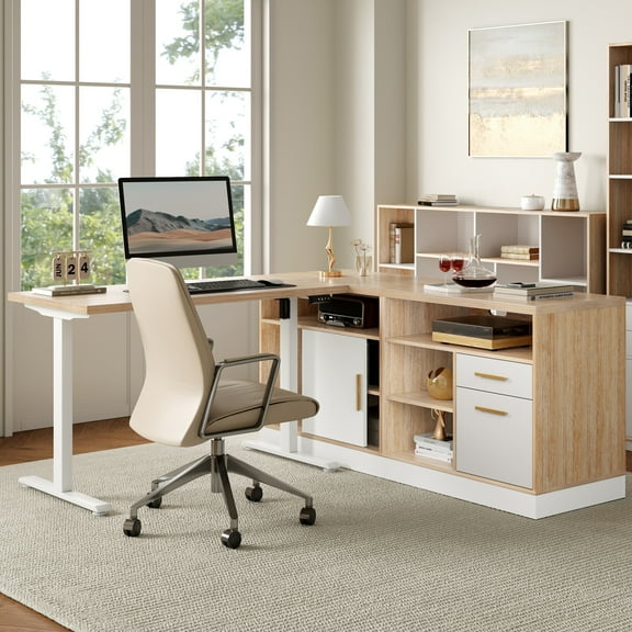 ModernMate 67" L Shaped Standing Desk with File Cabinets, AC/USB, Electric Adjustable Height Executive Desk, Office Computer Desk for Home and Office