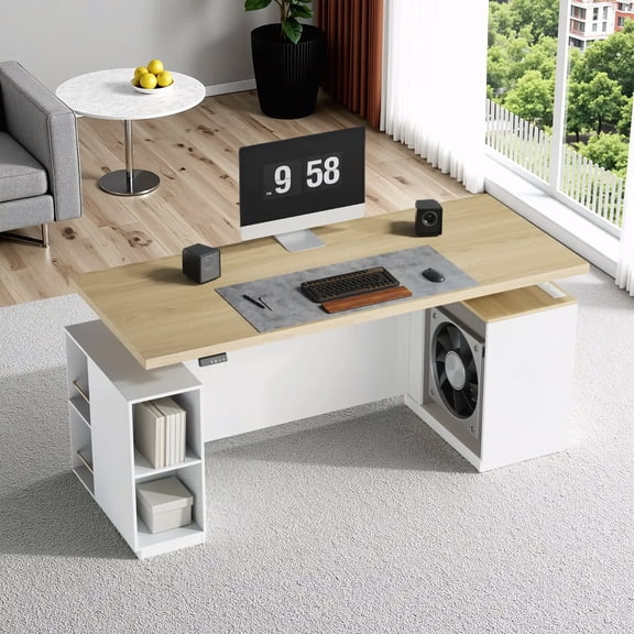 ModernMate 71" W One-Piece Electric Height Adjustable Standing Desk with Privacy Panel Charging Station, File Cabinet Storage For Home Office