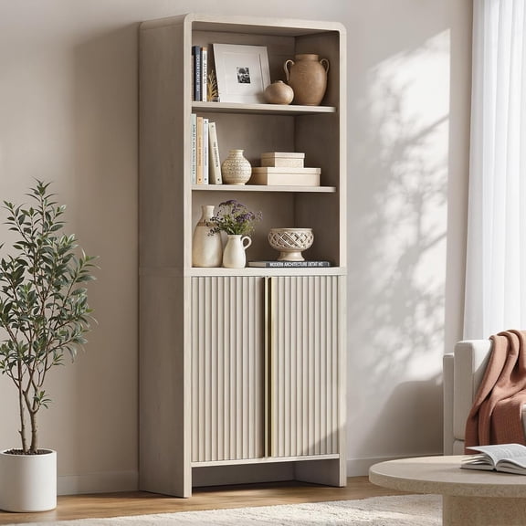 ModernMate 74.1" Fluted Tall Bookcase with Doors, 6 Tier Bookshelf with Thicken Bookshelves & Bookcases, Modern Book Shelf with Storage Display Cabinet for Living Room & Office, Bedroom, White Alder
