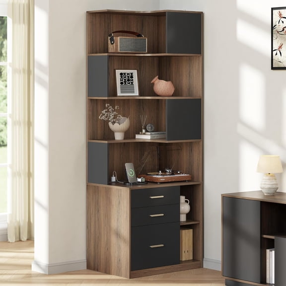 ModernMate Corner Bookshelf with Storage, 74.4" Tall L-Shaped Bookcase with 3 Drawers & AC/USB Charging Station, 7 Tier Wooden Open Display Rack for Living Home Office, Black Walnut