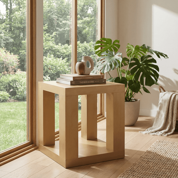 ModernMate Square End Table, Side Table with 2-Tier Open Storage Shelf for Living Room, Light Oak