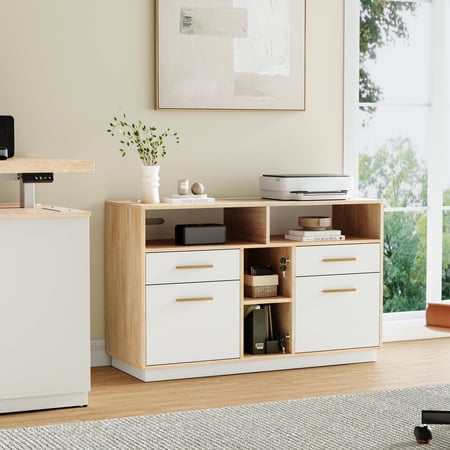 ModernMate Wood File Cabinet with Lock, Storage Cabinet with 4 Drawers for Home Office, Open Storage Cubes, Lateral Filing Cabinet for A4/Letter Files