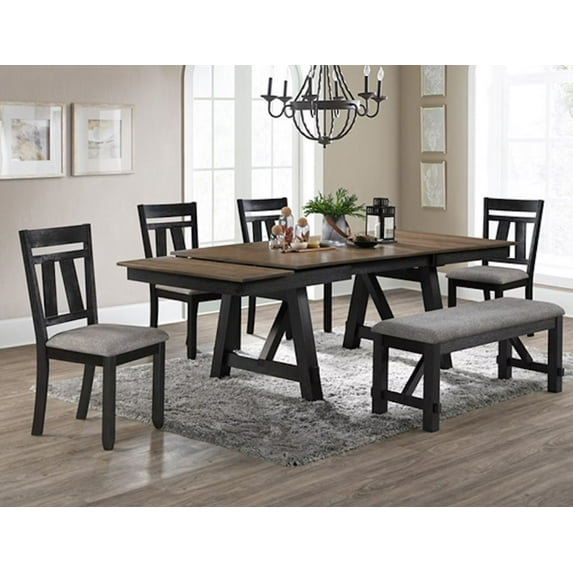 Moderna 6 Pc Rustic 66"-94" Dining Room Table Chairs and Bench Set In Brown/ Charcoal