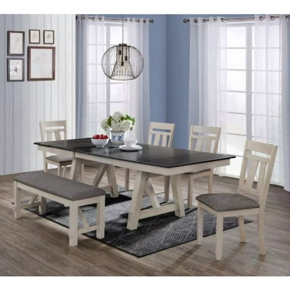 Moderna 6 Pc Rustic 66"-94" Dining Room Table Chairs and Bench Set In Chalk Gray